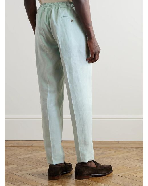 Rubinacci Blue Straight-Leg Linen Drawstring Trousers for men