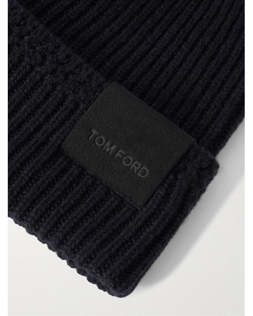 Logo-Appliquéd Ribbed Cashmere Beanie di Tom Ford in Blue da Uomo