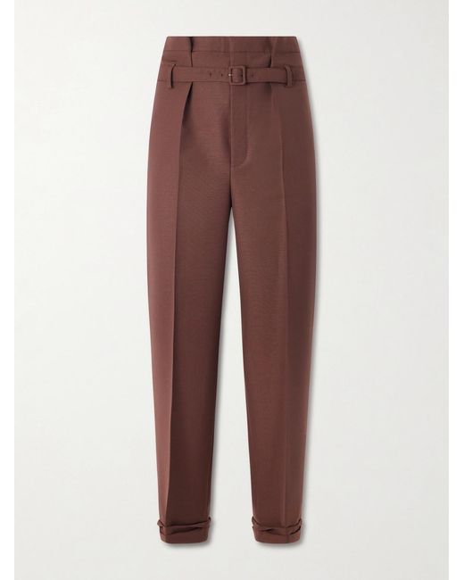 Saint Laurent Brown Tapered Belted Pleated Wool And Mohair-Blend Trousers for men