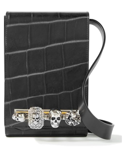 Alexander McQueen Embellished Croc-effect Leather Messenger Bag in