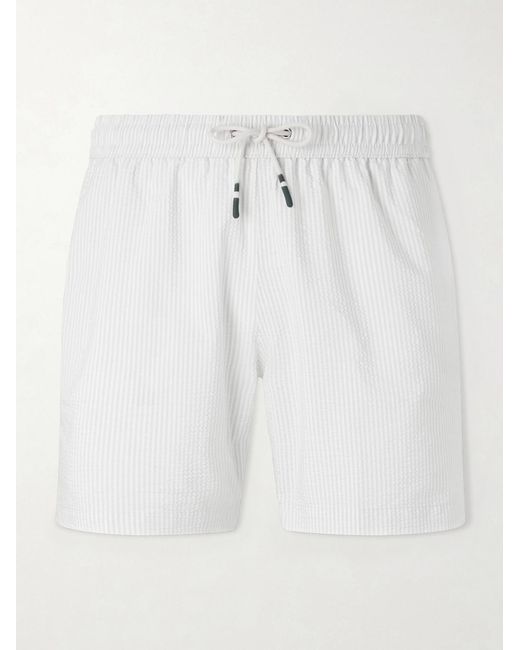 Hartford White Straight-Leg Mid-Length Striped Seersucker Swim Shorts for men