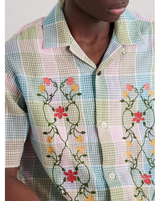 Kardo Blue Ronen Camp-Collar Floral-Embroidered Checked Cotton And Linen-Blend Shirt for men