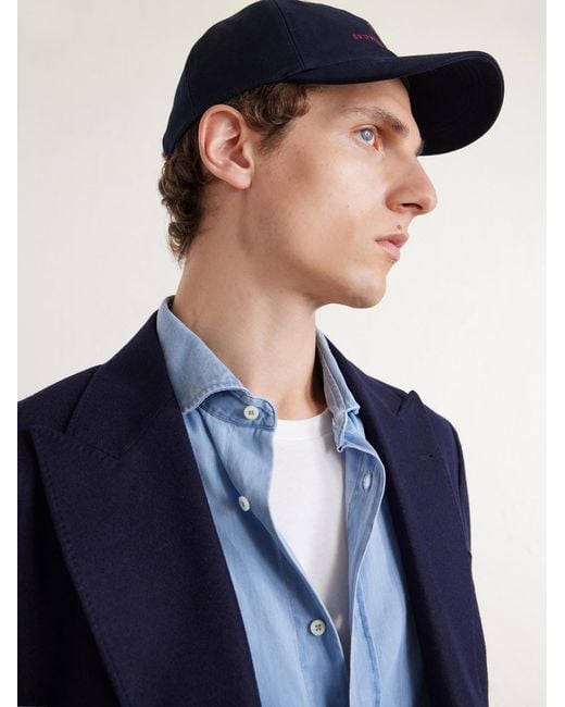 Brunello Cucinelli Blue Logo-Embroidered Leather-Trimmed Cotton-Twill Baseball Cap for men