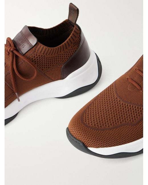 Berluti Brown Shadow Leather-Trimmed Stretch-Knit Sneakers for men
