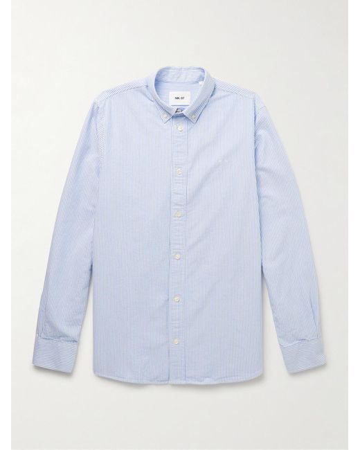 Colby 5910 Button-Down Collar Logo-Embroidered Striped Organic Cotton Shirt di NN07 in Blue da Uomo