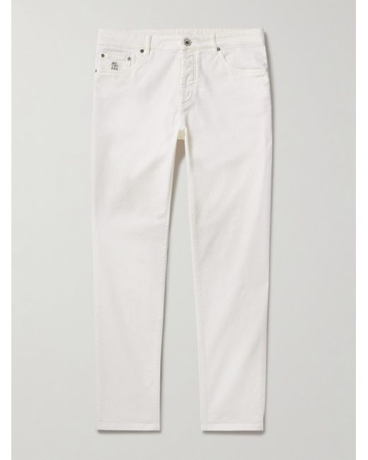 Brunello Cucinelli Schmal und gerade geschnittene Jeans mit Logostickerei in White für Herren