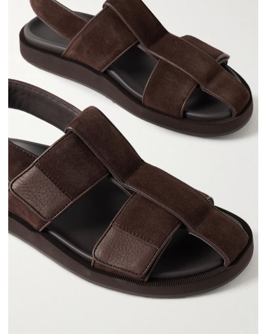 John Lobb Brown Milford Leather-Trimmed Suede Sandals for men