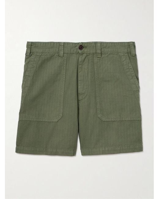 Drake's Green Herringbone Cotton And Linen-Blend Twill Shorts for men