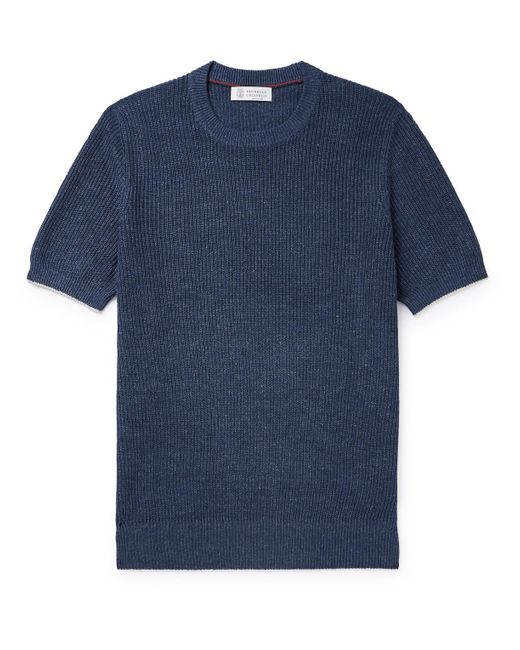 Brunello Cucinelli Blue Ribbed Linen And Cotton-blend T-shirt for men