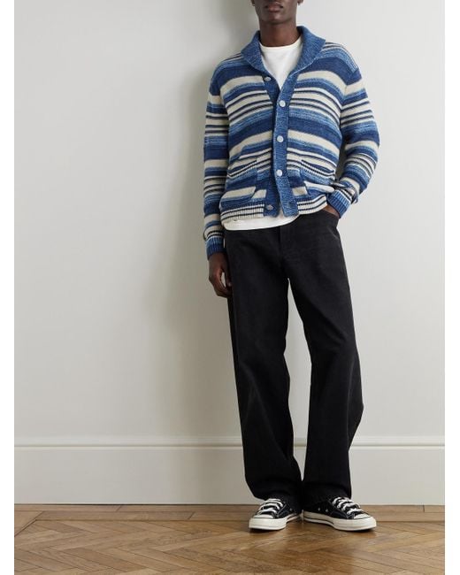 RRL Blue Shawl-Collar Striped Cotton And Linen-Blend Cardigan for men