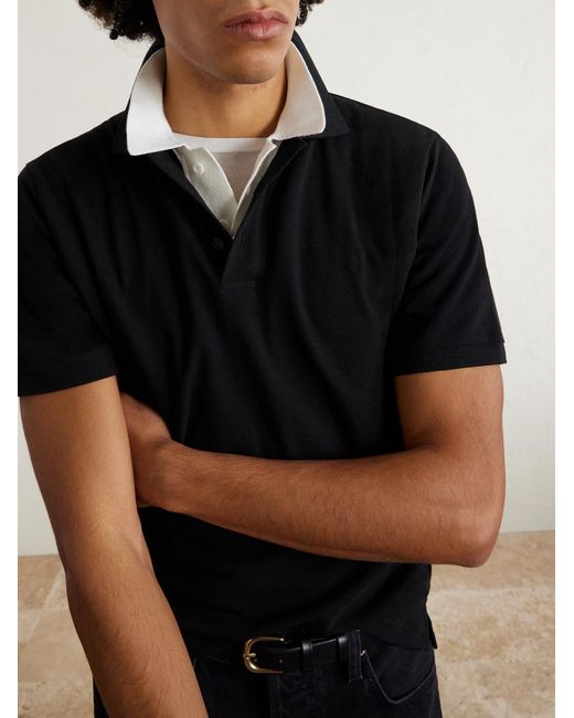Saint Laurent Black Logo-embroidered Cotton-blend Piqué Polo Shirt for men