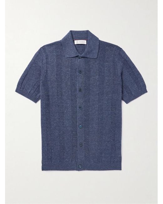 Camicia in misto lino e cotone a righe di Brunello Cucinelli in Blue da Uomo