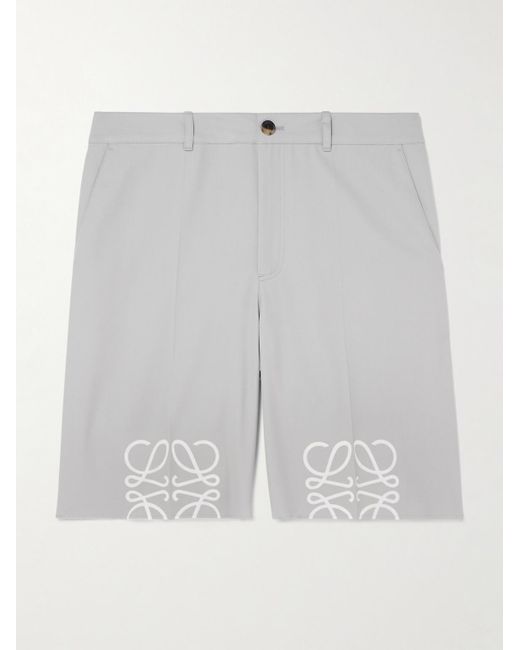 Loewe Gray Straight-Leg Logo-Print Distressed Cotton-Twill Shorts for men