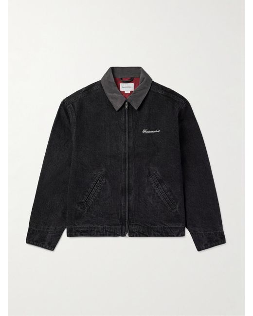 Thisisneverthat Black Logo-Embroidered Corduroy-Trimmed Garment-Washed Denim Jacket for men