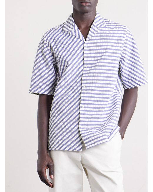 Officine Generale Blue Eren Camp-Collar Striped Cotton Shirt for men