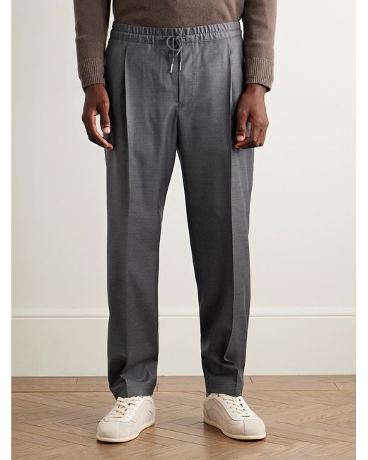 Caruso Gray Slim-Fit Pleated Wool Drawstring Trousers for men