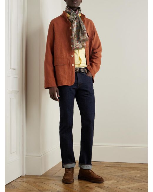 Drake's Orange Nehru-collar Linen Chore Jacket for men