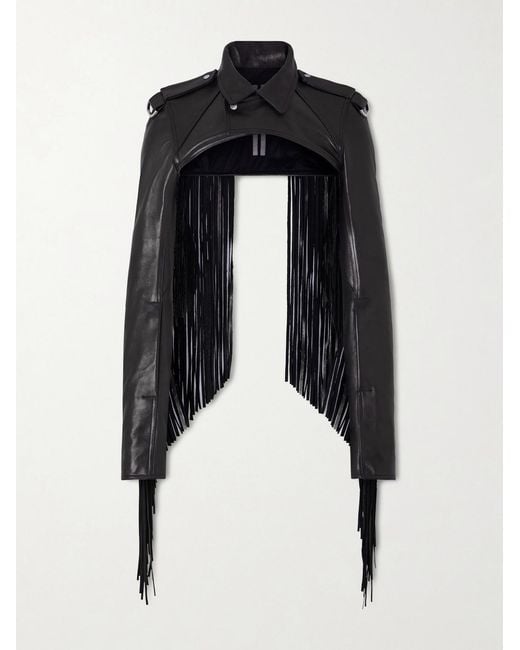 Rick Owens Black Microbiker Cropped Fringed Leather Jacket for men