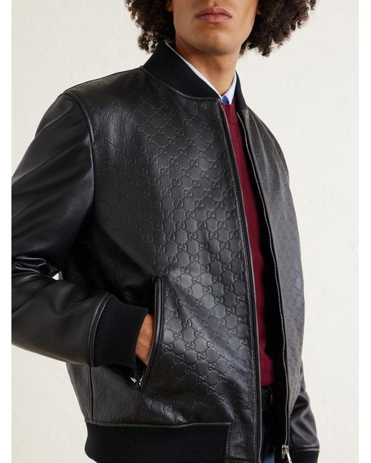 Gucci Black Logo-Debossed Padded Leather Bomber Jacket for men
