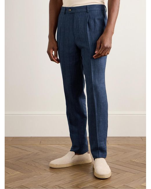 Brunello Cucinelli Blue Slim-Fit Pleated Striped Wool, Linen And Silk-Blend Suit Trousers for men