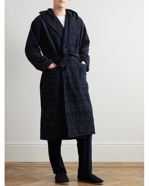 Missoni Blue Chalk Striped Cotton-Terry Jacquard Hooded Robe for men