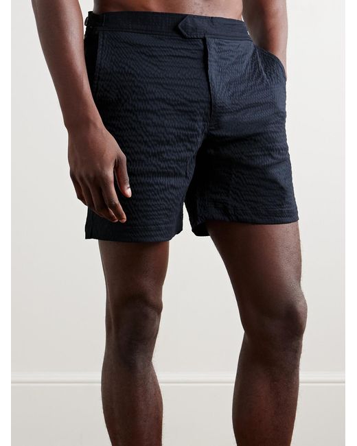 Mr P. Blue Straight-Leg Mid-Length Seersucker Swim Shorts for men