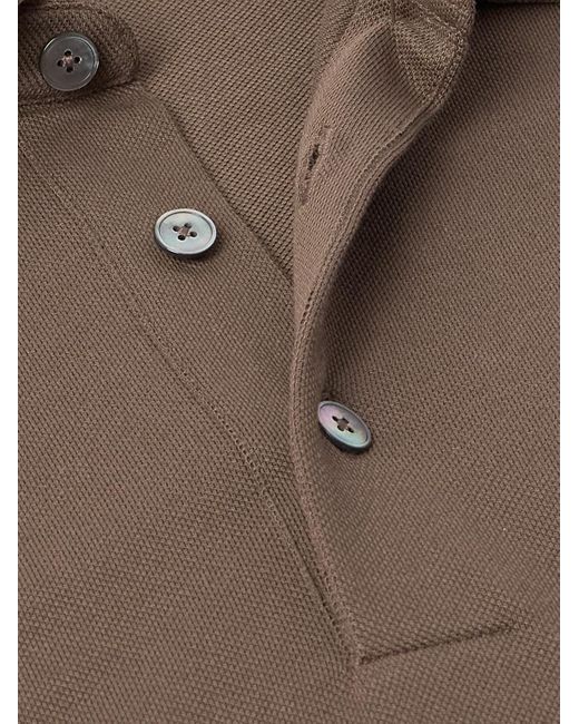 Zegna Brown Slim-fit Leather-trimmed Cotton-piqué Polo Shirt for men