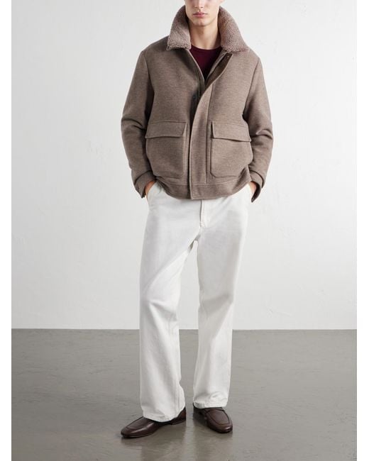 Canali Brown Shearling-Trimmed Wool And Cashmere-Blend Bomber Jacket for men