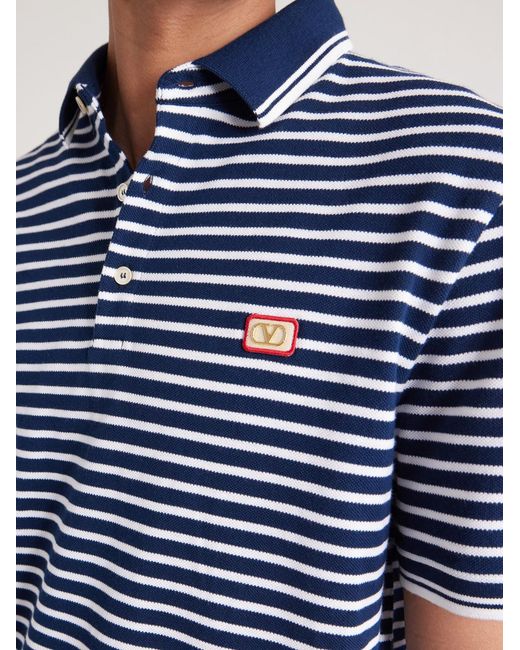 Valentino Garavani Blue Logo-appliquéd Striped Cotton-piqué Polo Shirt for men