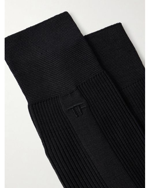 Tom Ford Black Logo-Embroidered Ribbed Silk Socks for men