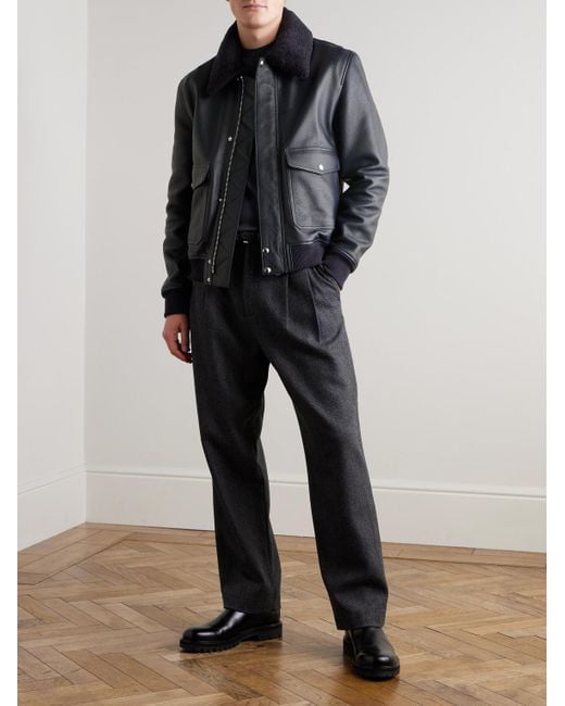 Mr P. Blue Shearling-Trimmed Full-Grain Leather Blouson Jacket for men