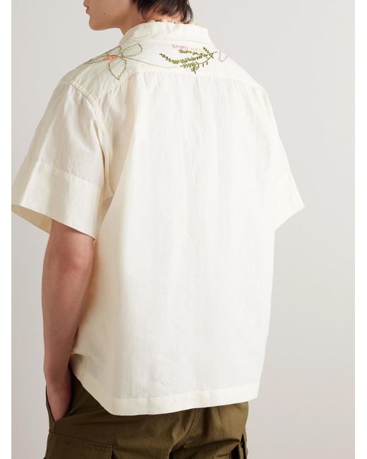 Camicia in misto cotone e lino ricamato con colletto aperto Greetings di STORY mfg. in White da Uomo
