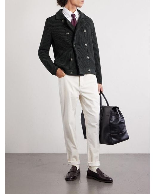 Brunello Cucinelli Black Double-Breasted Ribbed Cashmere Cardigan for men