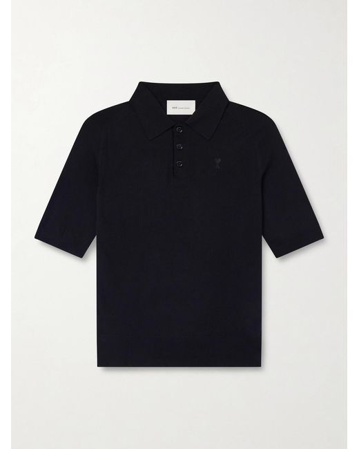AMI Blue Logo-Embroidered Cotton Polo Shirt for men
