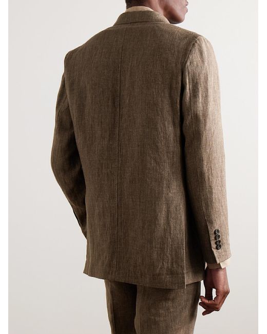 Rubinacci Brown Unstructured Double-Breasted Linen Suit Jacket for men
