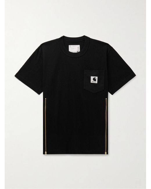 Sacai Black Carhartt Wip Zip-detailed Logo-appliquéd Canvas-trimmed Cotton-jersey T-shirt for men