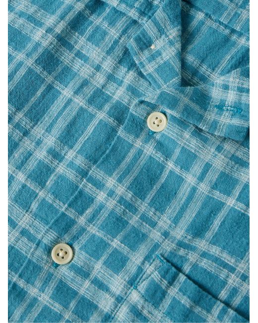 Corridor NYC Kariertes Hemd aus einer Baumwoll-Leinenmischung mit Reverskragen in Blue für Herren
