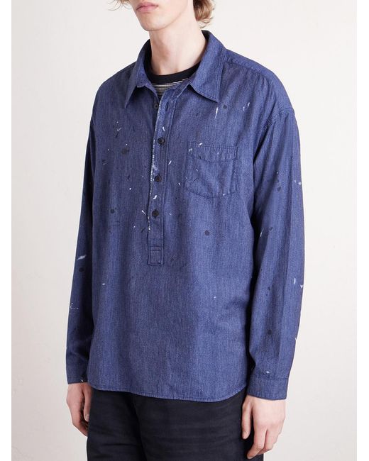 Paint-Splattered Cotton And Silk-Blend Chambray Shirt di Visvim in Blue da Uomo
