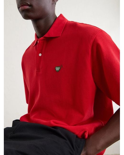 Human Made Red Logo-Appliquéd Cotton-Piqué Polo Shirt for men