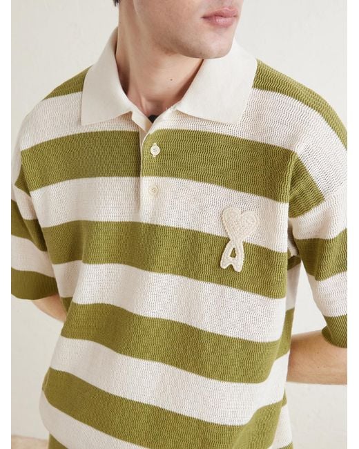 AMI Green Logo-Embroidered Knitted Cotton Polo Shirt for men