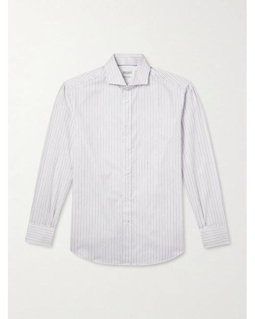 Brunello Cucinelli White Striped Cotton-Poplin Shirt for men