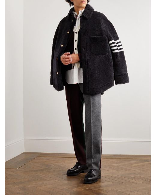 Thom Browne Blue Oversized Striped Shearling Jacket for men