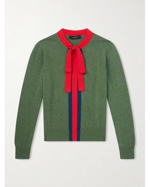 Gucci Green Slim-Fit Cropped Wool-Trimmed Striped Cashmere Sweater for men