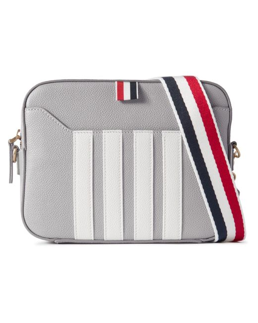 Thom Browne White Small Striped Pebble-grain Leather Messenger Bag for men