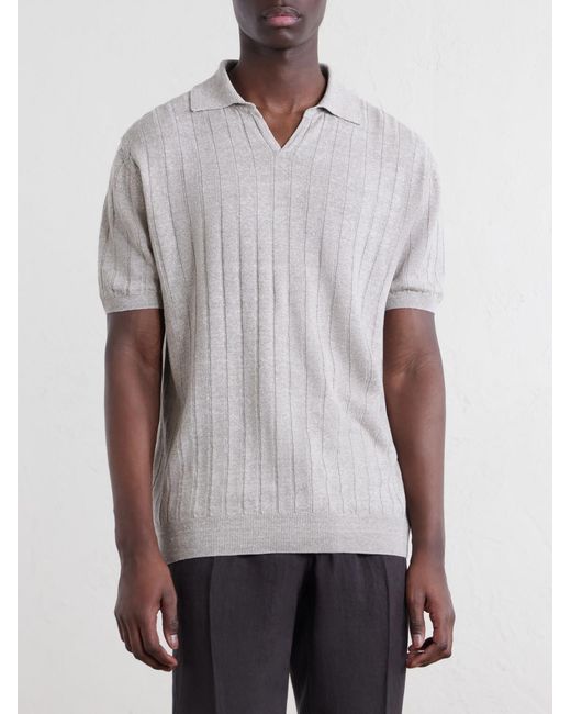 Boglioli White Open-Collar Ribbed Linen And Cotton-Blend Polo Shirt for men