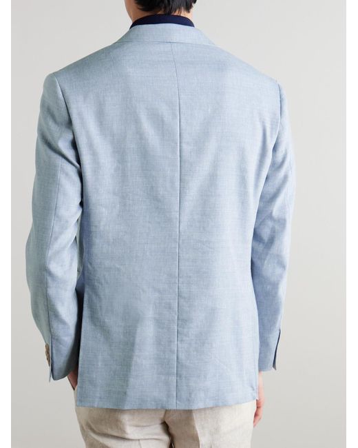 Canali Blue Kei Unstructured Double-Breasted Linen And Wool-Blend Blazer for men