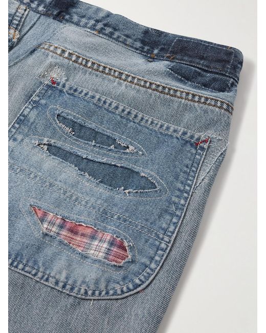 Greg Lauren Blue Slim-Fit Tapered Flannel Patchwork Jeans for men