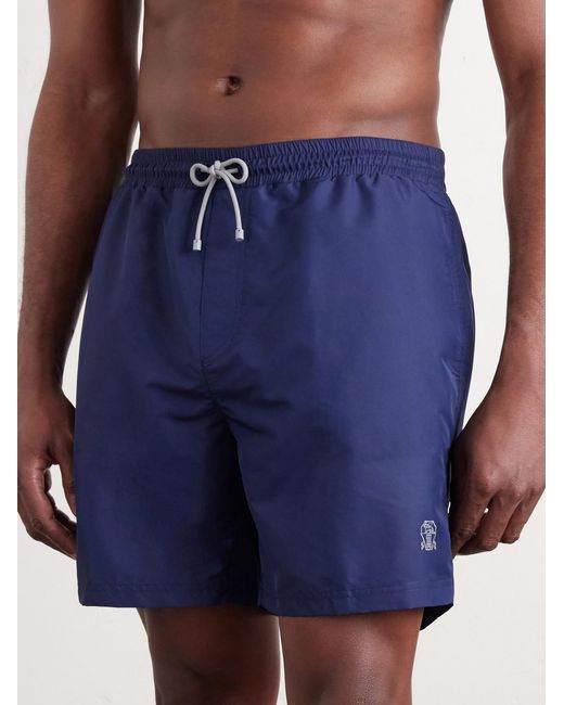Brunello Cucinelli Blue Straight-Leg Mid-Length Logo-Embroidered Swim Shorts for men