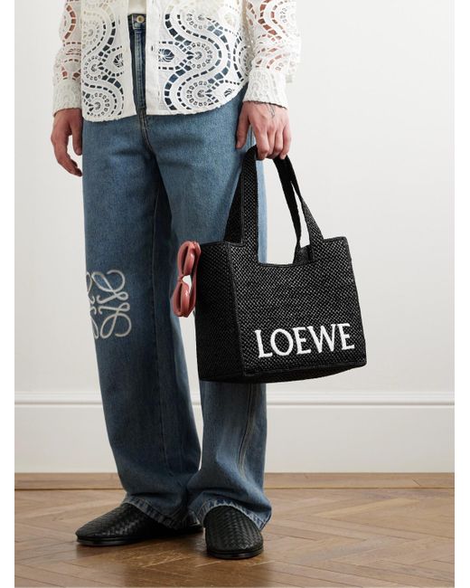 Tote bag media in rafia con logo ricamato di Loewe in Black da Uomo