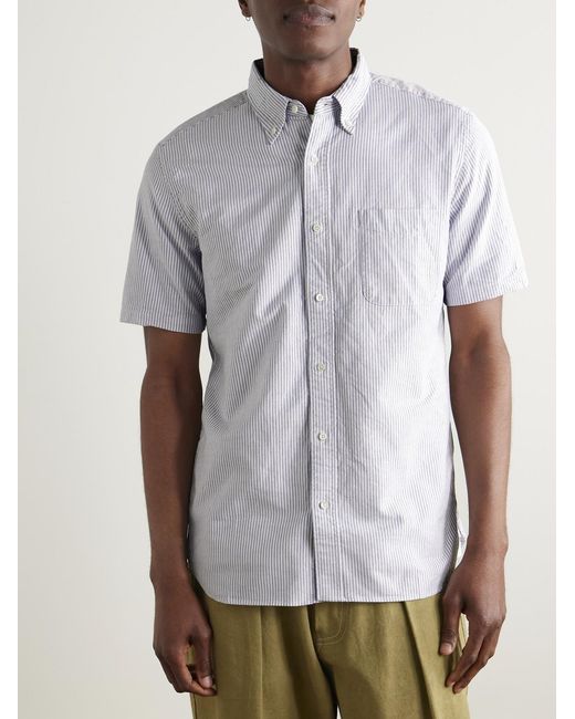 Button-Down Collar Striped Cotton Oxford Shirt di Beams Plus in White da Uomo